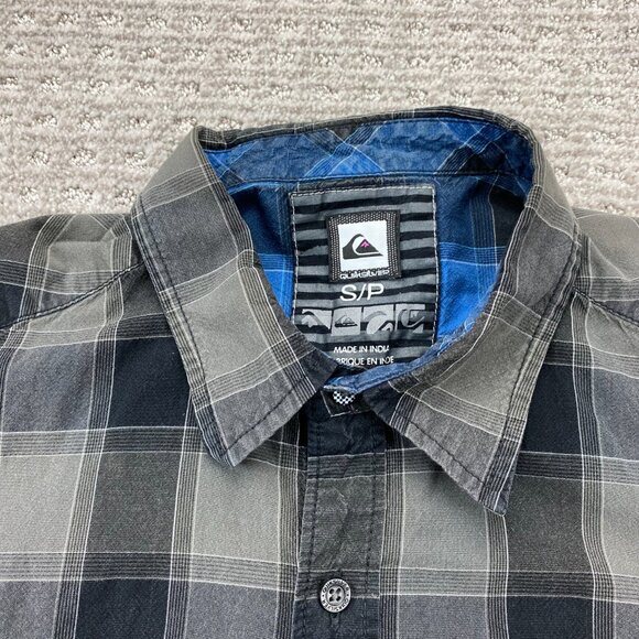 QUIKSILVER Shirt Men Small S Black Gray Plaid Button Up Long Sleeve Polo Preppy - Picture 4 of 9